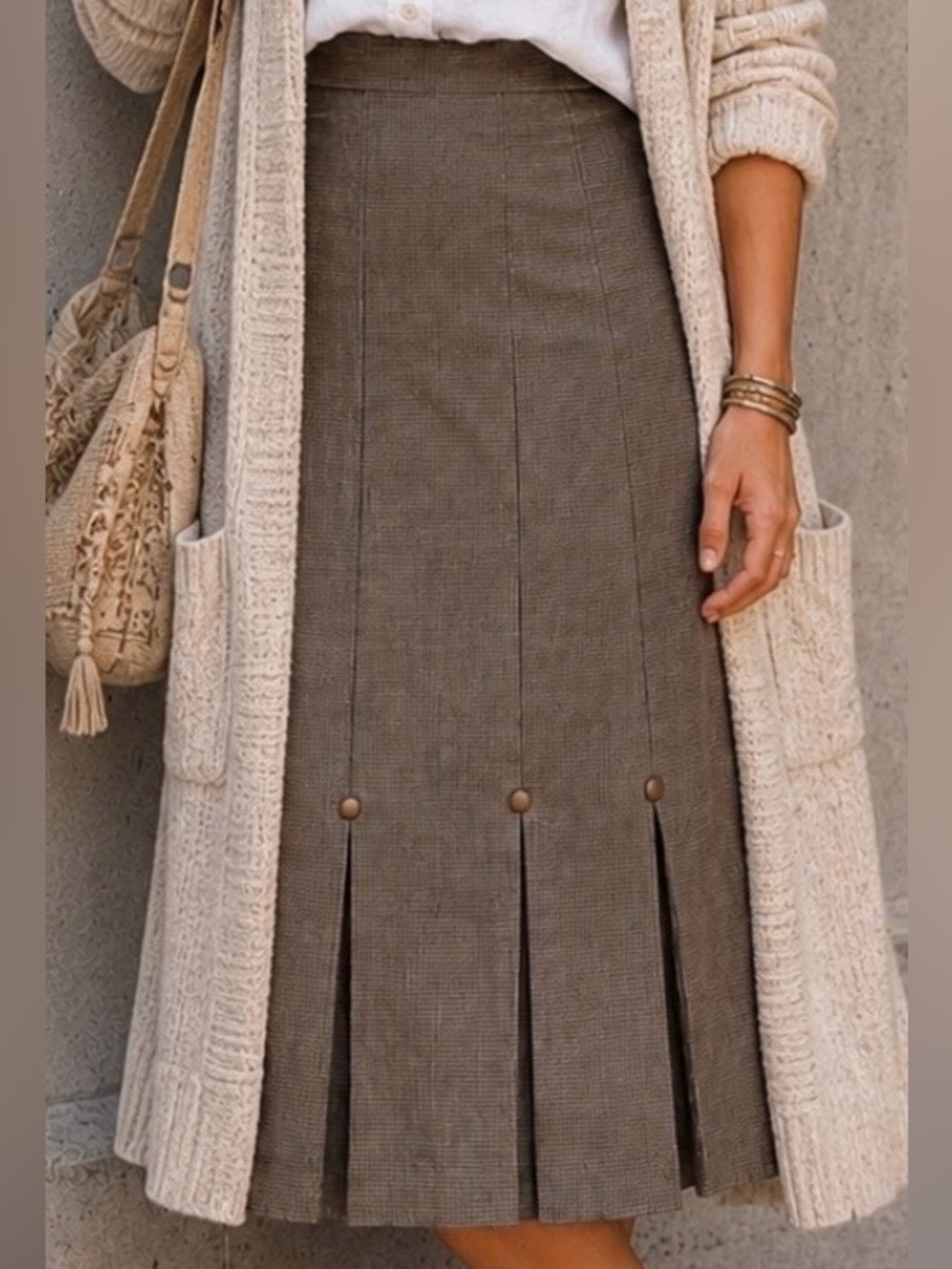 VINTAGE 70’s My Darling Classic Tweed Pleated Wool Midi Skirt w Button Detail 13
